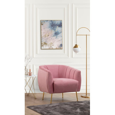 Fauteuil à oreilles élégant, rose poudré, 33,5 x 33,5 x 31,5 pouces | Structure en bois de hêtre et en carton, tissu 100% polyester | Rembourrage en mousse et plumes gris doux, pieds en métal doré | Parfait pour les salons glamour et les hôtels