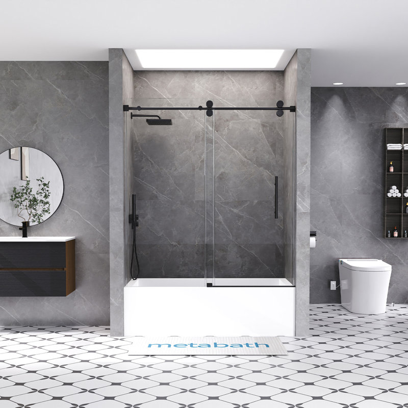 56"-60" W x 66" H Single Sliding Frameless Tub Door with 5/16"(8mm) Tempered Clear Glass, Matte Black
