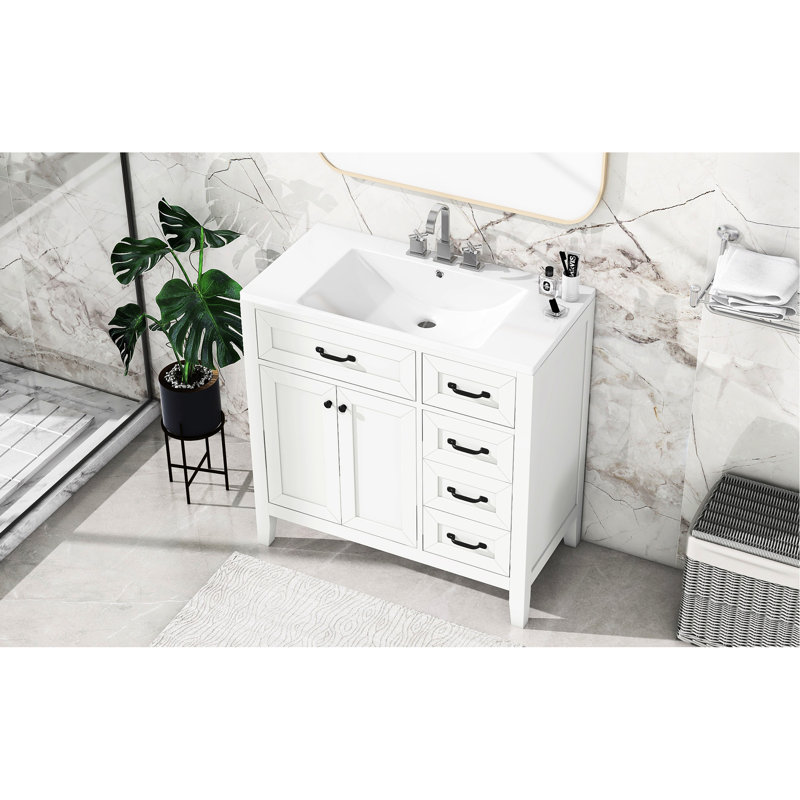 Meuble-lavabo blanc de 36 po avec lavabo Radnor, structure en bois massif, panneaux, tiroirs et armoire, finition peinte, conception autoportante, pour les serviettes