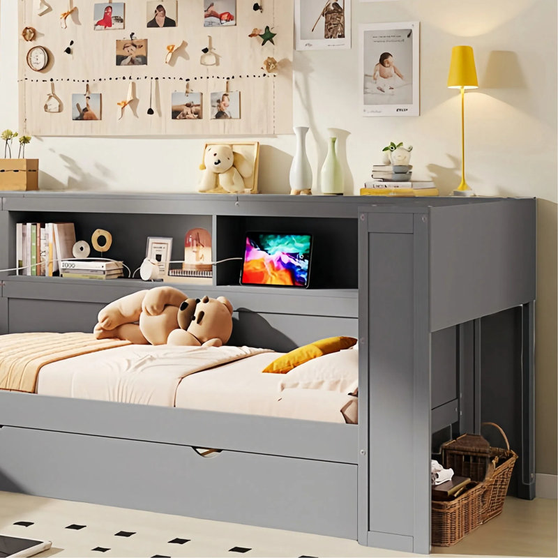 Lit plateforme intelligent en L avec lit gigogne et station de charge Smart, Gris
