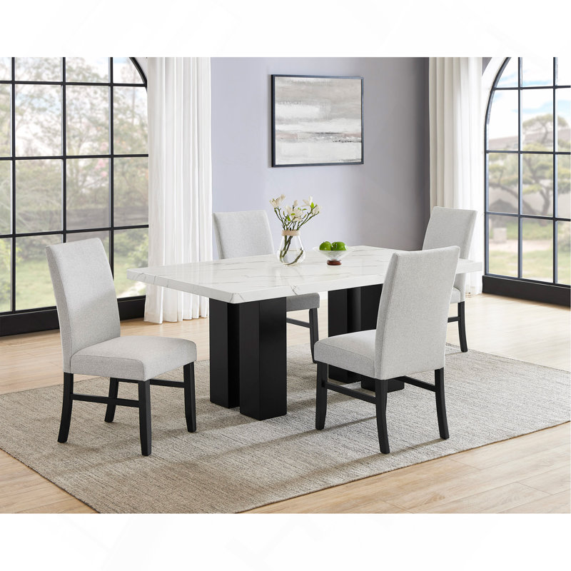 Ensemble de salle à manger 5 pièces, rectangulaire, en bois blanc, rembourré, meubles de salle à manger
