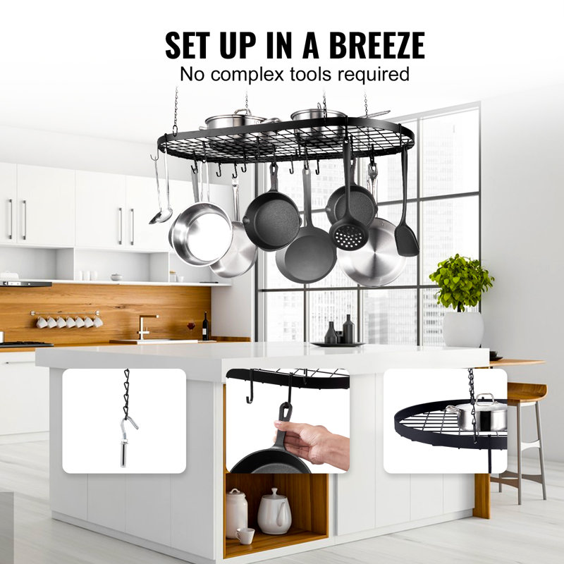 Black Carbon Steel Ceiling Mounted Pot Rack with 12 Hooks