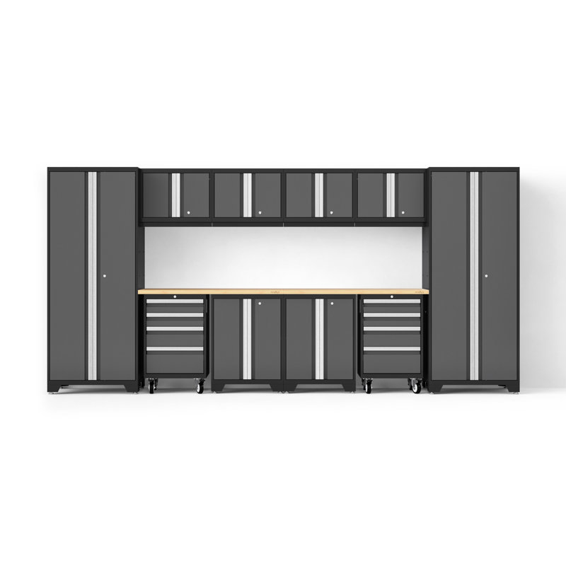 Bold XL Series Gray 12 Piece Garage Cabinets Set With Tool, Base, Wall Cabinets, Bamboo Worktop And 30 In. Lockers