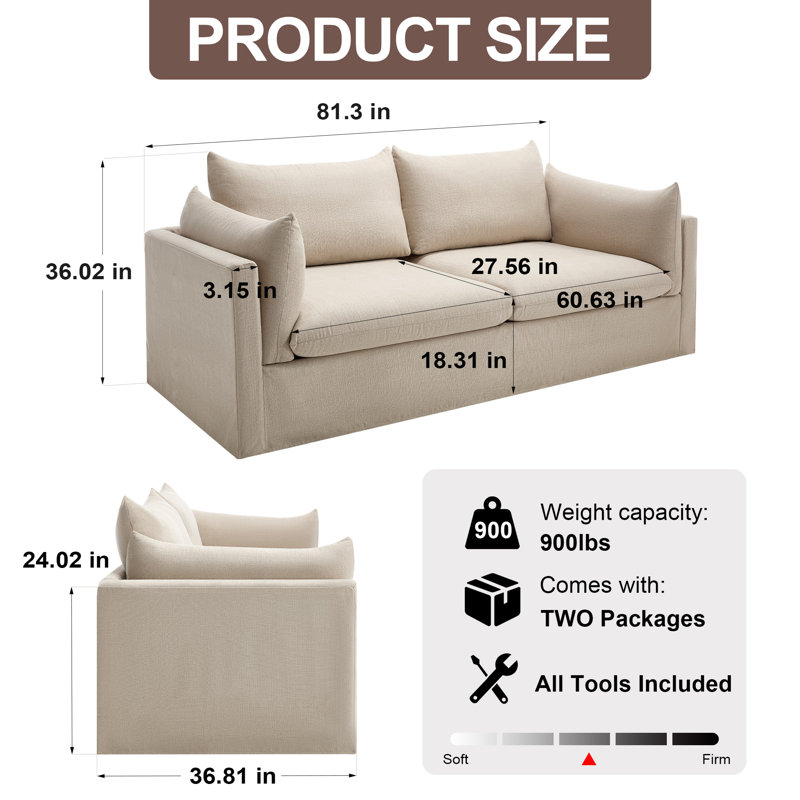Canapé à accoudoirs carrés 81,3 po, Lin beige