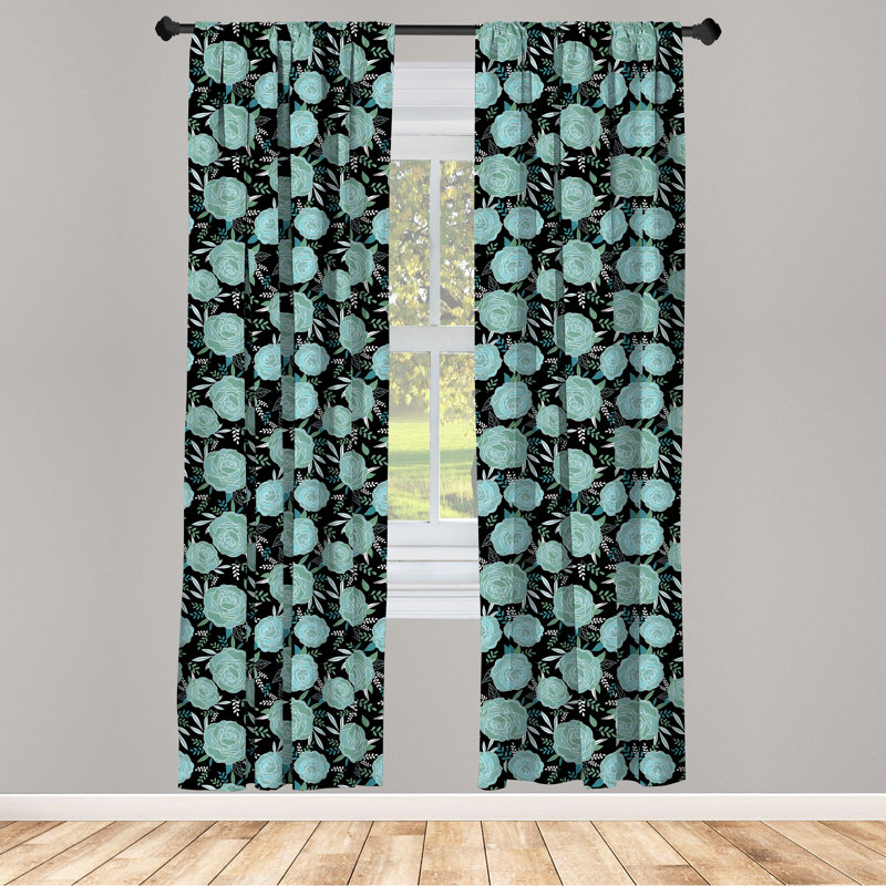 Charcoal Gray Floral Polyester Rod Pocket Curtain Panels