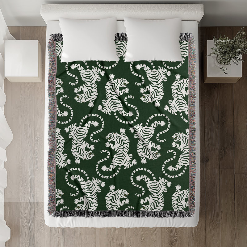 Jeté en mélange de coton Leonard Tiger, L 60 po x l 60 po, Vert / blanc cassé