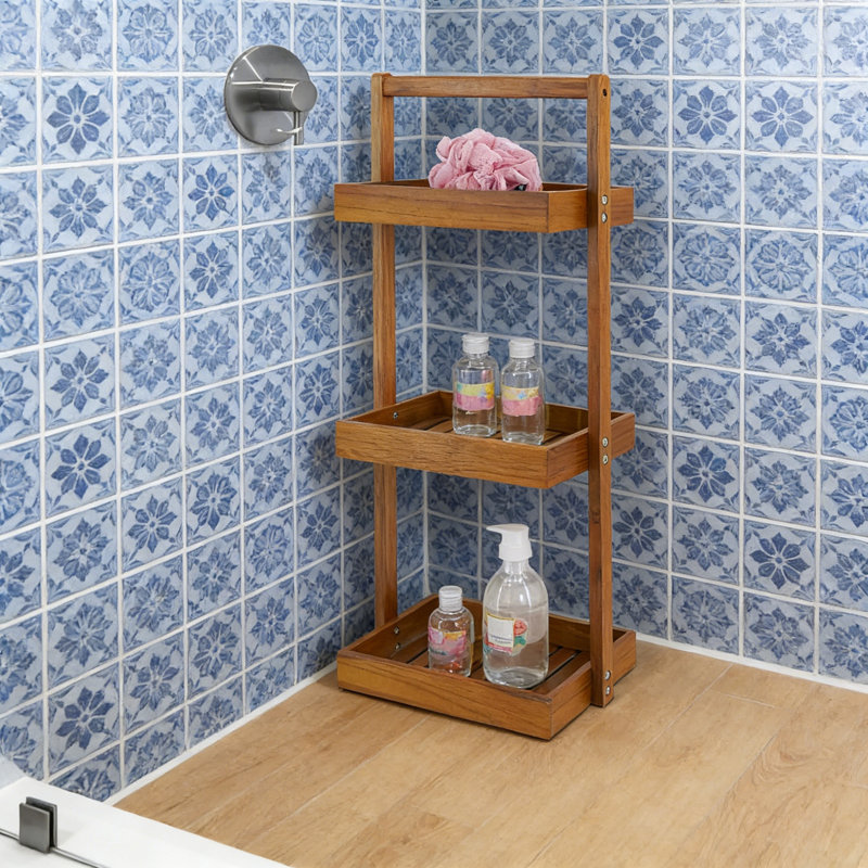 Solid Teak Wood Shower Caddy, 3-Tier Countertop Organizer With Carry Handle, 29.8'' H x 10.8'' W x 8'' D