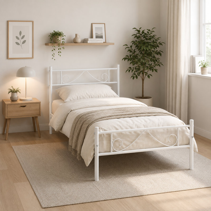 Classic Metal Bed Frame with Decorative Headboard & Footboard, Single (3'), White