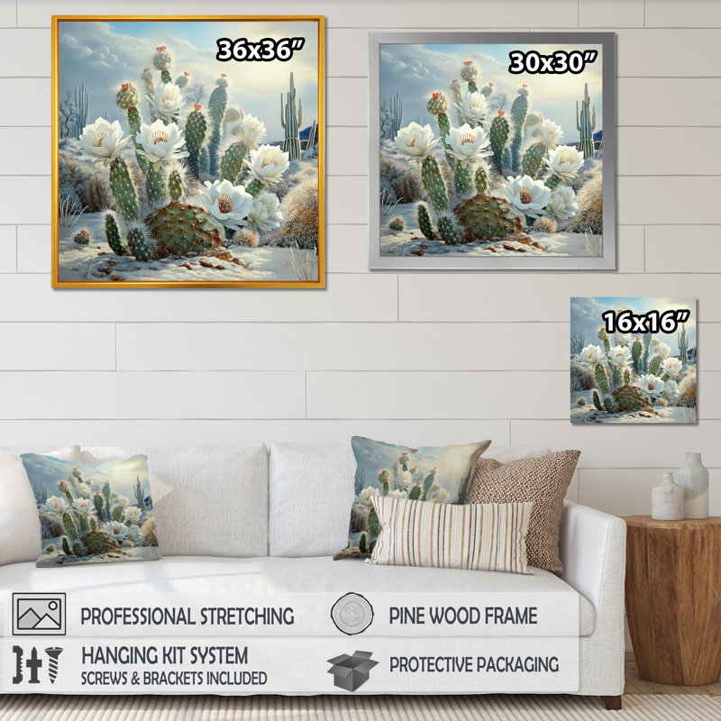 " Cactus Charm In Winter ", 24" H x 24" W x 1" D, Black Floater Framed