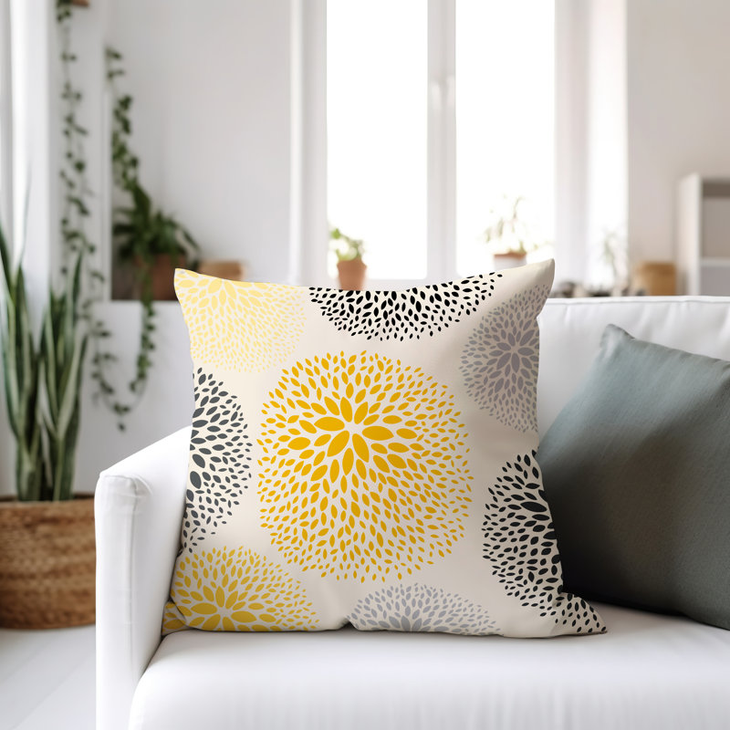 Coussin décoratif intérieur / extérieur en polyester filé à la main Bavière, Jaune / crème / noir / gris, H 19 po x l 19 po