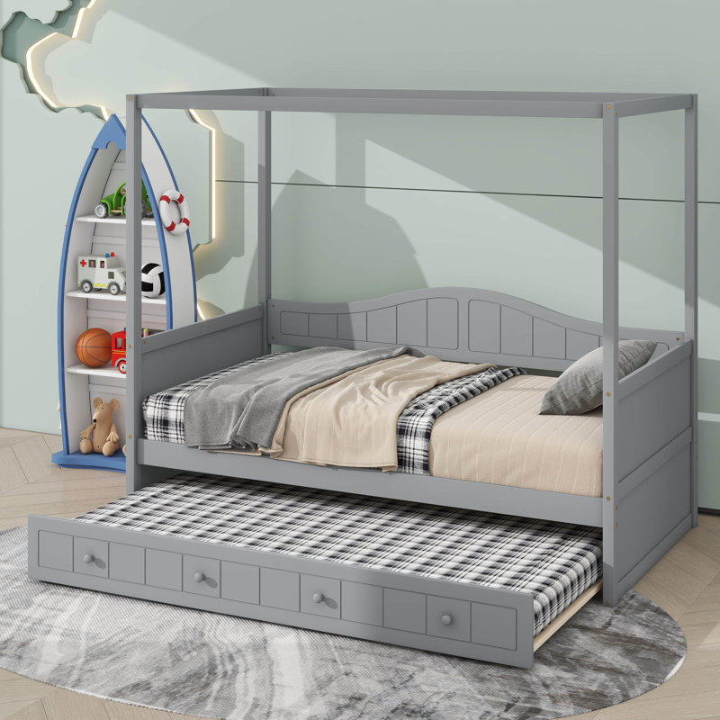 Lit à baldaquin et lit simple avec lit gigogne et plateforme en bois avec tête de lit, Gris