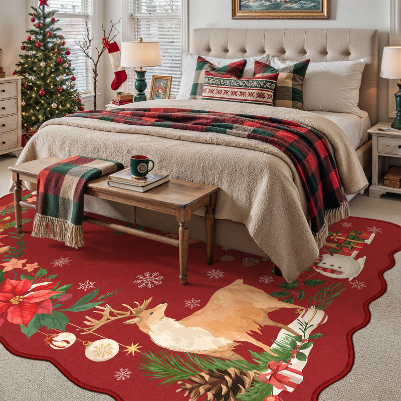 Tapis de Noël lavable à la machine avec antidérapant Noel, Red, Rectangle 6 pi x 9 pi