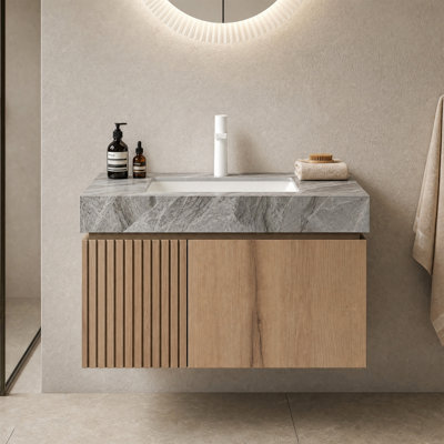 Meuble-lavabo flottant mural 24 po avec plateau en pierre frittée gris clair, fermeture en douceur, trou de robinet simple