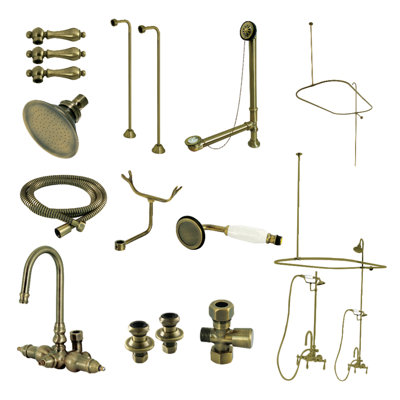Kingston Brass Vintage Three-Handle 2-Hole Tub Wall Mount Clawfoot Tub Faucet Package with Shower Enclosure and Hand Shower