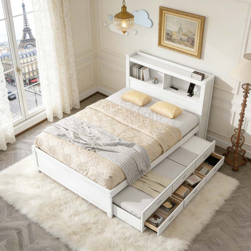 Lit plateforme double avec lit gigogne, tiroirs et prises USB, Blanc