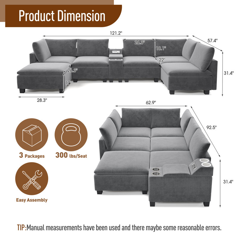 Canapé modulaire en nuage de 121 po de large avec console intelligente, canapé-lit convertible en forme de U avec haut-parleur Bluetooth, ports USB / Type-C, rangement caché et 6 coussins décoratifs