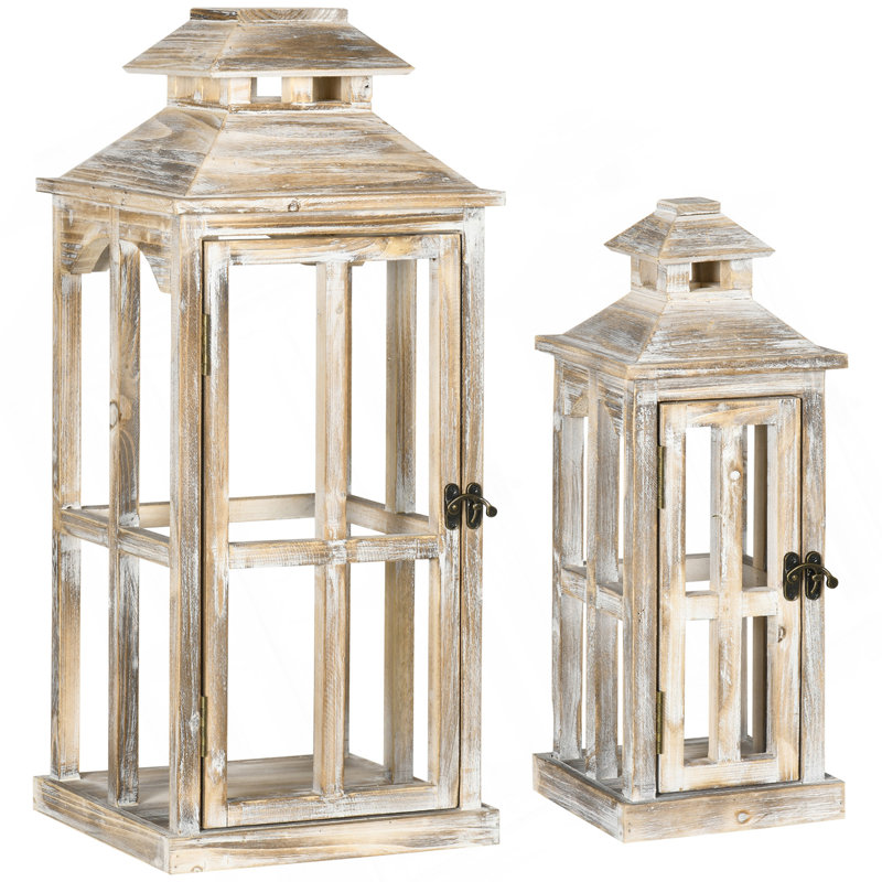 2 Pack 28"/20" Large Rustic Wooden Lantern Decorative, Indoor/Outdoor Lantern For Home Décor (No Glass), Natural