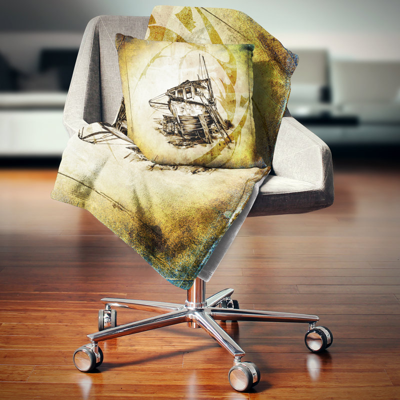 Dessin d'un grand bateau antique - oreiller imprimé Sea & Shore, 16 po x 1 po, Coussin décoratif