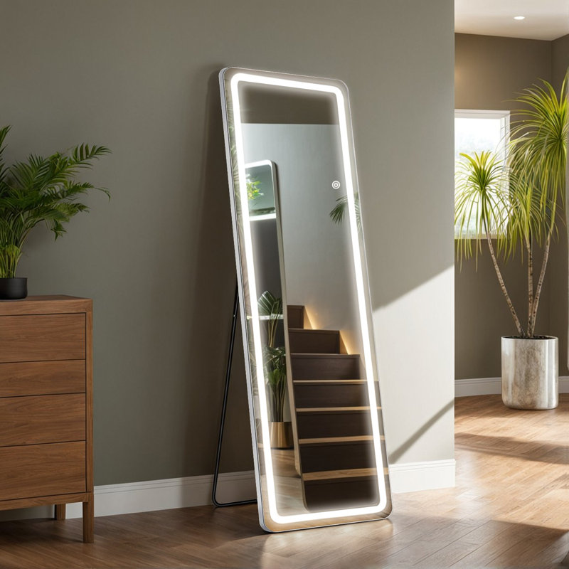 Belspring Mirror Full Length Standing Mirror with LED Lights, Lighting Floor Mirror with Stand and Dimming, 64" x 21"