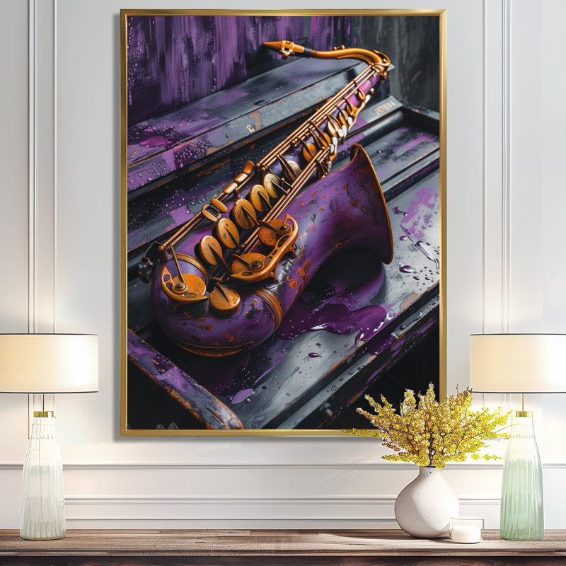  «Purple Gold Music Instument Saxophone I - Décoration murale musique, Cadre photo blanc, H 12 po x l 20 po