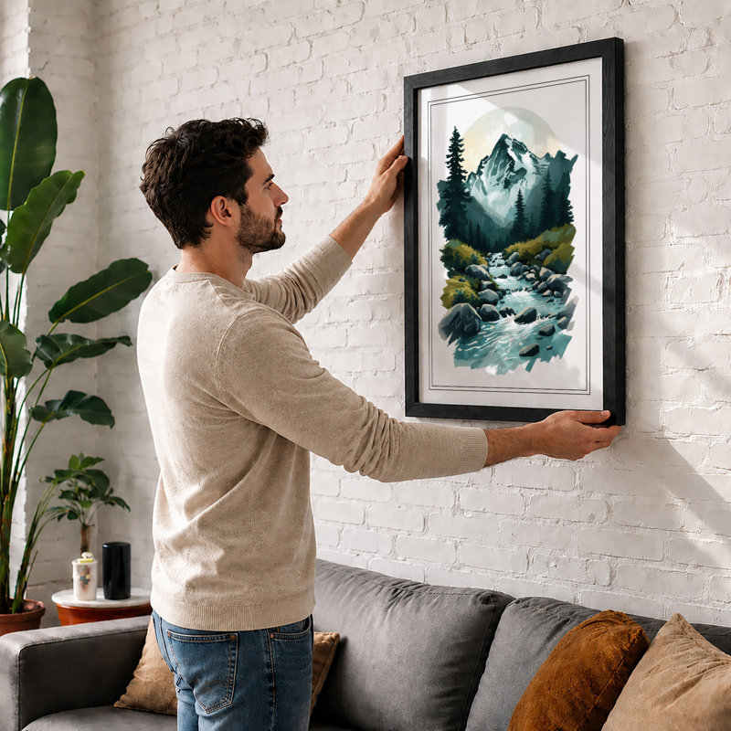 Mountain And Stream Scandinavian - Print, A1 - 84.1 x 59.4 cm, Black