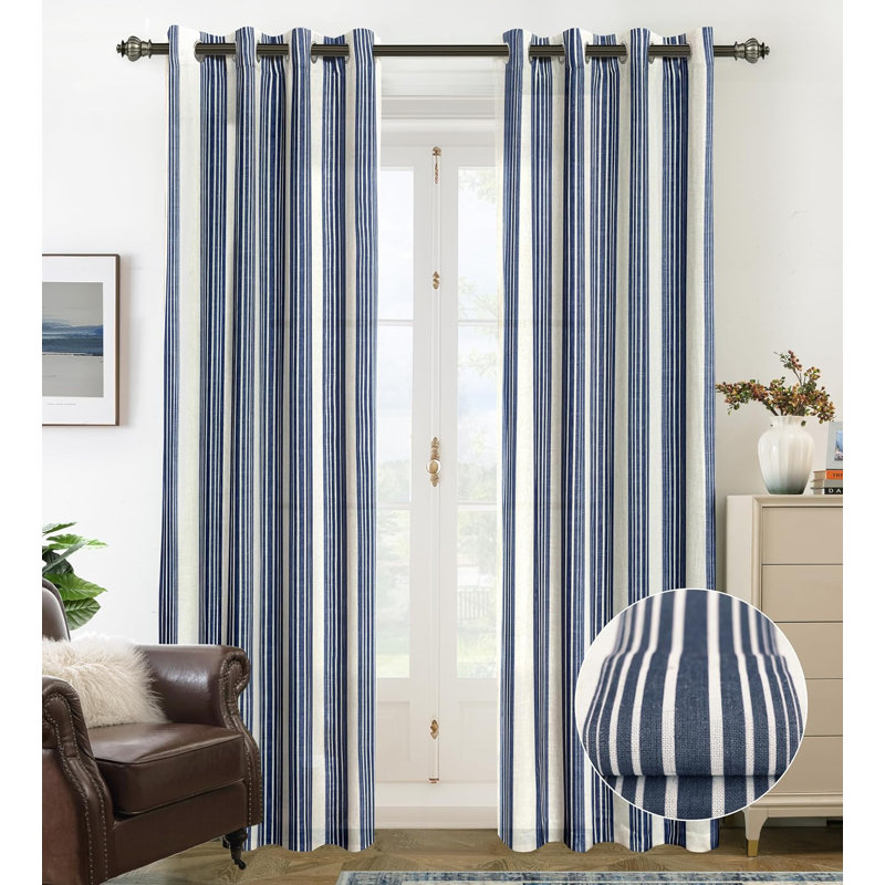 Rideaux semi-transparents en lin avec motif à rayures Chris, L 52 po x L 120 po, Bleu marine foncé