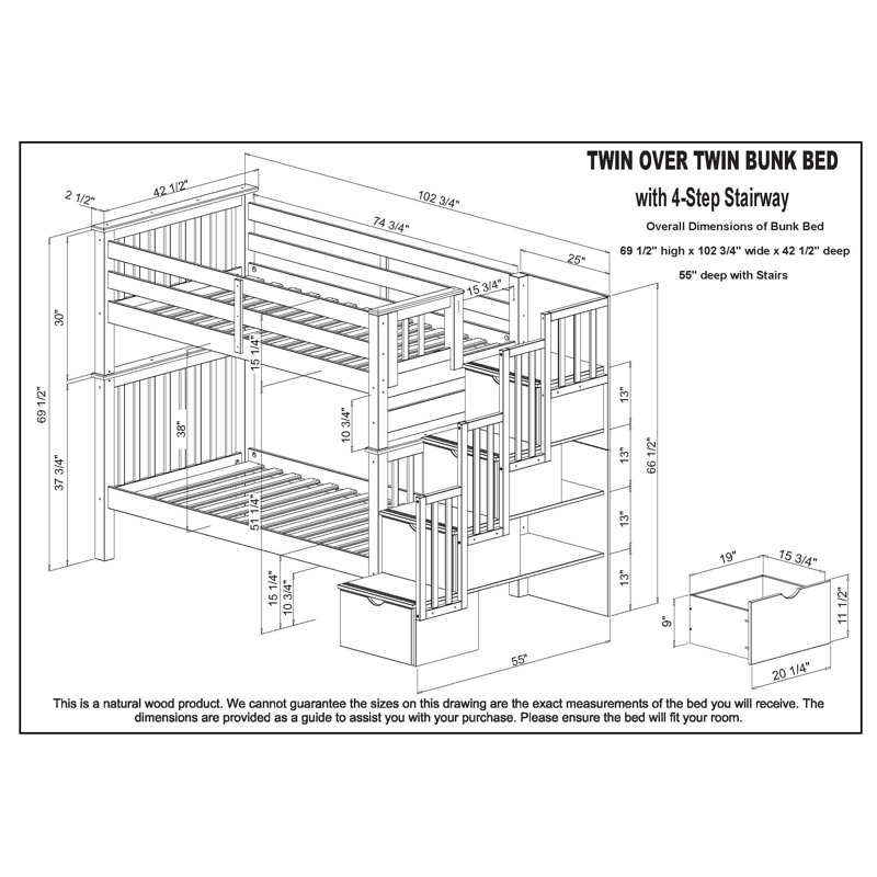 Tena Tall Solid Wood Standard Stairway Bunk Beds Twin over Twin, 4 Drawers in the Steps, Gray, Gray, Twin over Twin