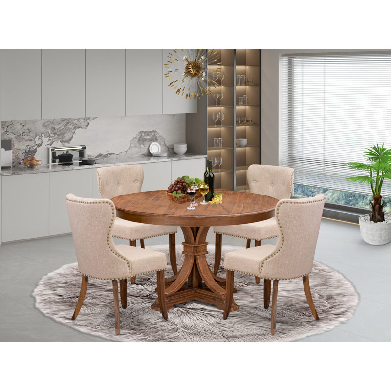 5-Pc Kitchen Table Set Includes a Pedestal Dinner Table and 4 Light Tan Linen Fabric Dining Chairs with Button Tufted- Antique Walnut