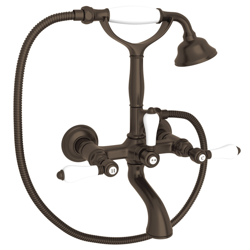 Country Exposed Wall Mount Tub Filler, Tuscan Brass, Porcelain Lever Handle