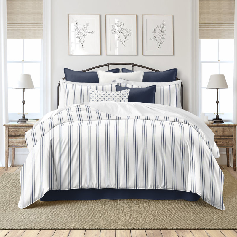 August Stripe Reversible Cotton Duvet Cover Set, Queen Duvet Cover + 2 Queen Shams, Denim