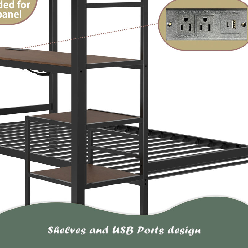 Ethan Full Over Twin Bunk Bed With Desk And Charging Station And Storage Shelves And Metal Wire Mesh Panel With Hooks For Teen,Safety Guard & Stairs,No Box Spring Needed