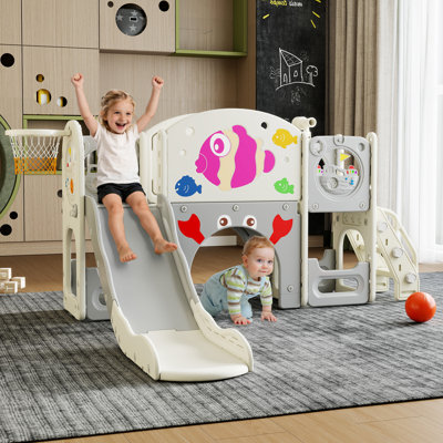 8-in-1 Toddler Slide Playset, Suitable For Baby Slide Playset For Toddlers Ages 1-3, Equipped With Multiple Functional Areas Such As Basketball Hoops, Long Passages, And Telescope, Blue Fish