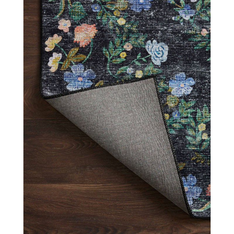Tapis noir et vert à motif floral pastel, Rectangle 3 pi 11,24 po x 5 pi 10,87 po