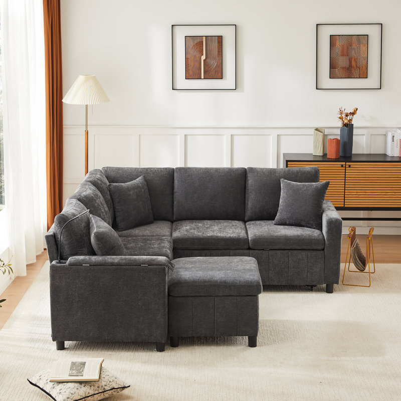 6 Seater Chenille Sofa with Storage, Grey