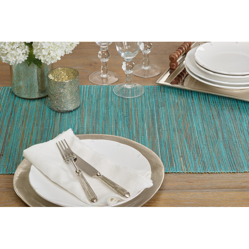 Bevis Shimmering Woven Nubby Natural Table Runner, Turquoise, 72" x 16"