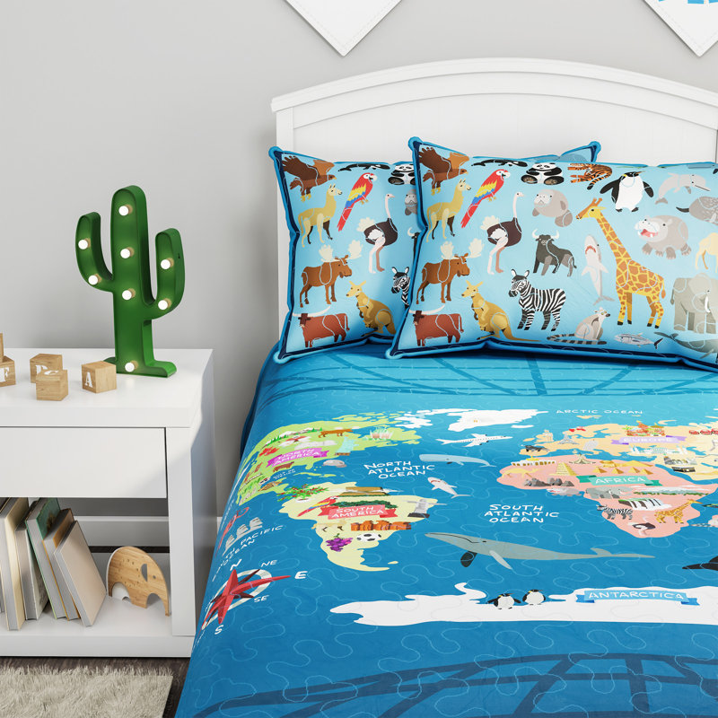 Blue Twin XL World Map Microfiber Comforter Set