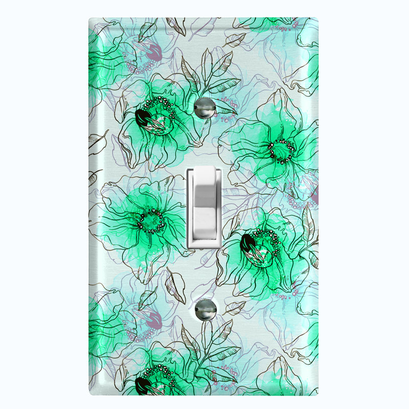 Metal Light Switch Plate Outlet Cover (Watercolor Flowers Green - Single Toggle), Green
