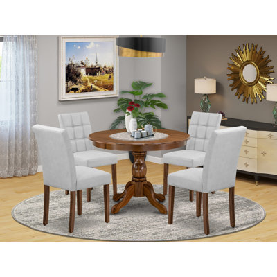 5 Piece Dinner Table Set contain A Mid Century Modern Dining Table and 4 Light Gray Polyester Fabric Upholstered Chairs, Antique Walnut
