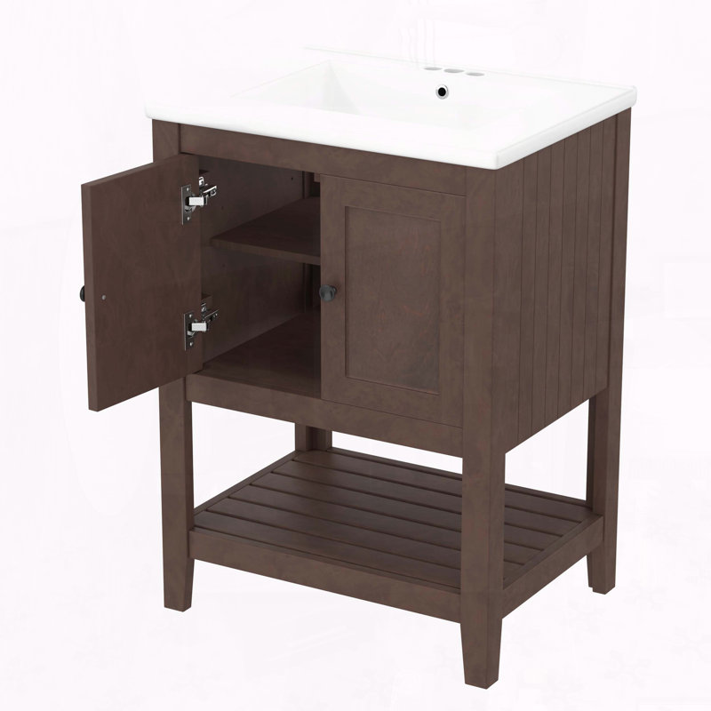 Meuble-lavabo en bois massif 24 po avec lavabo, armoire et tablette ouverte, design Morandi, Brun
