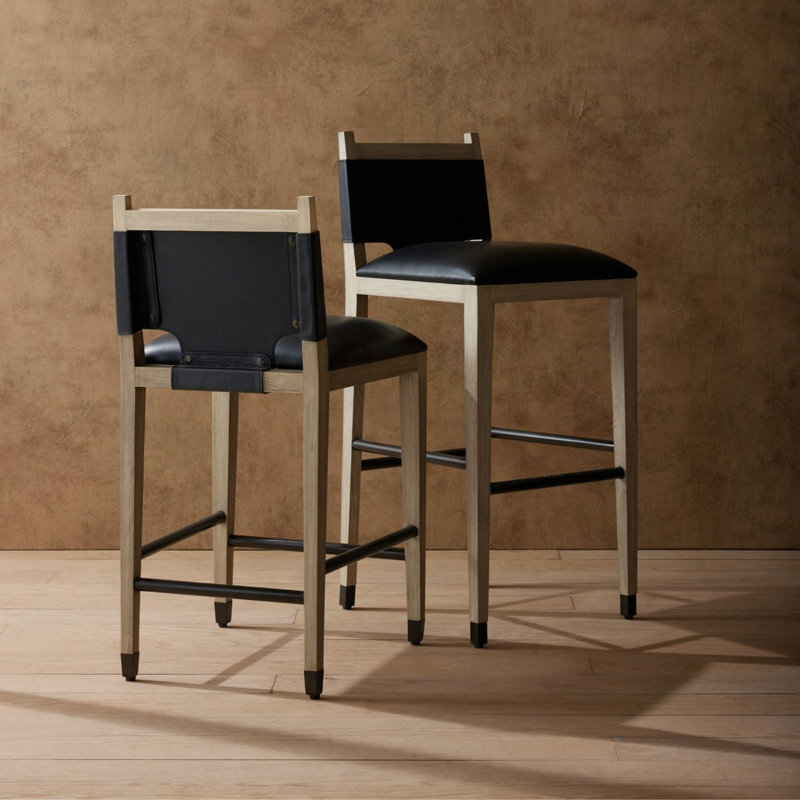Burdock Bar Stool, Black Leather, Counter Stool (27” Seat Height)