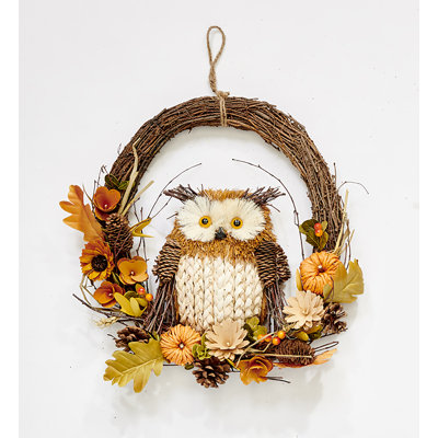 18" Rustic Woodland Sisal Owl Sitting On Fall Floral Arrangement Wreath With Natural Twigs