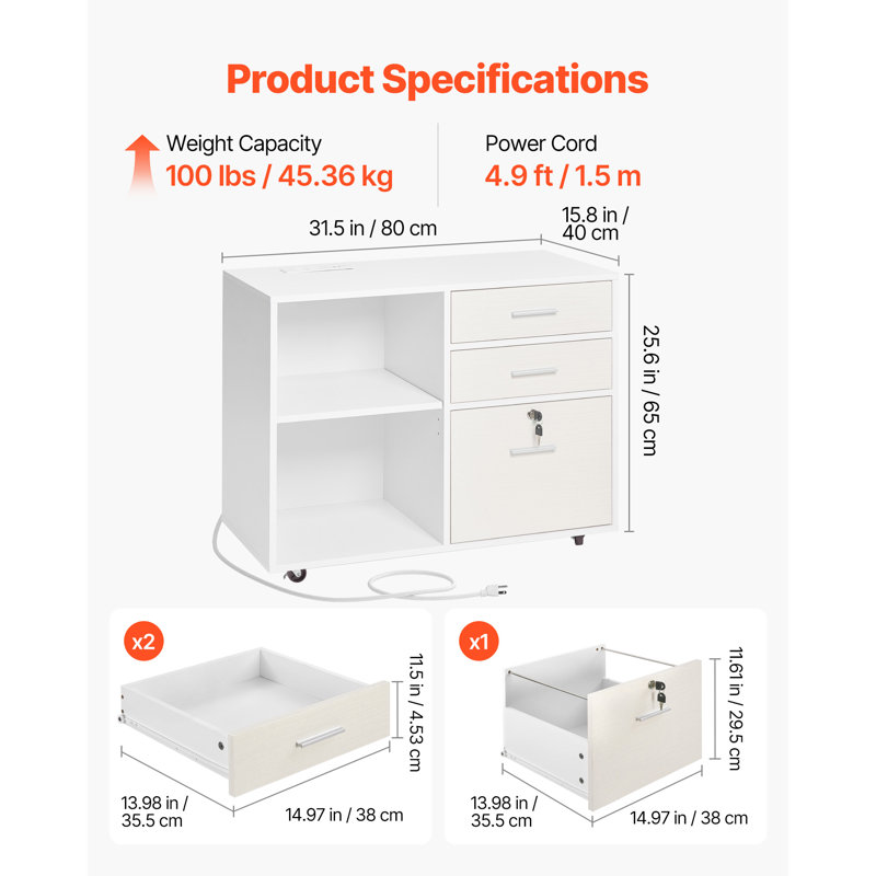 3 Drawer Wooden File Cabinet Mobile Filing Cabinet with Light Strip White