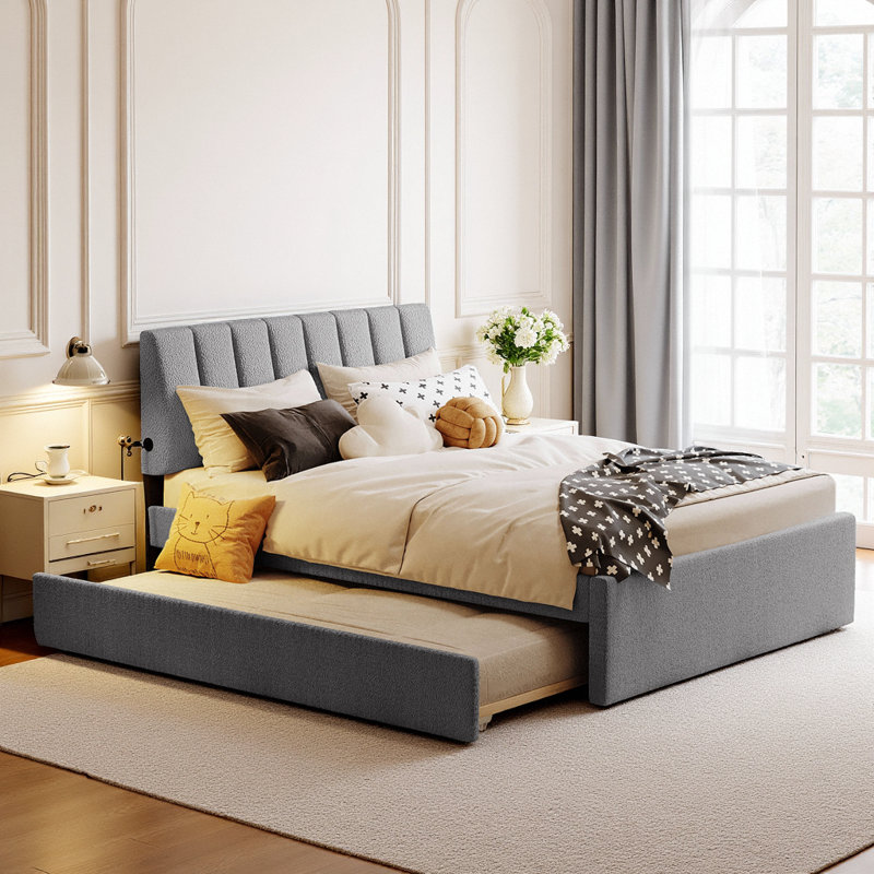 Lit plateforme tapissier classique avec gigogne et éclairage DEL Smart Teddy, Lit double, Gris