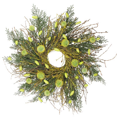 Couronne de brindilles artificielles Burrs and Craspedia - jaune et vert - 20 po