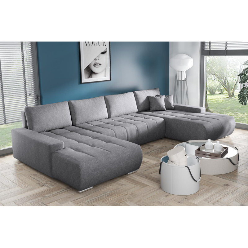 6 Seater Reclining Corner Sofa, Grey Polyester Blend