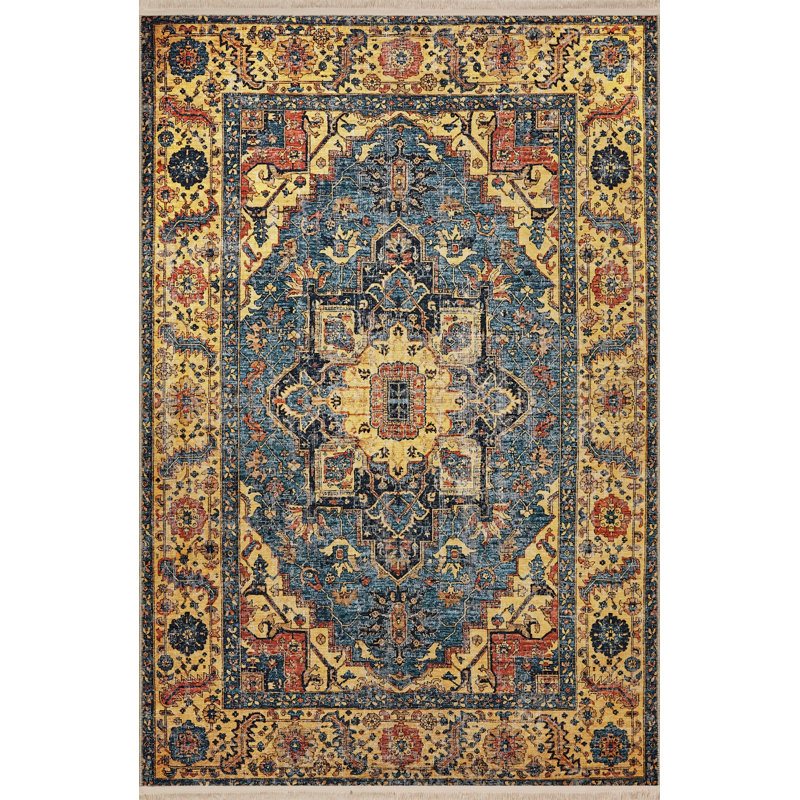 Tapis bleu / jaune à motifs traditionnels, Tapis de couloir 3 pi 9,81 po x 9 pi 10,11 po