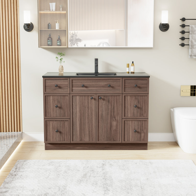 Ensemble de meuble-lavabo simple 48 po avec plateau en résine, assemblage requis, Noyer foncé