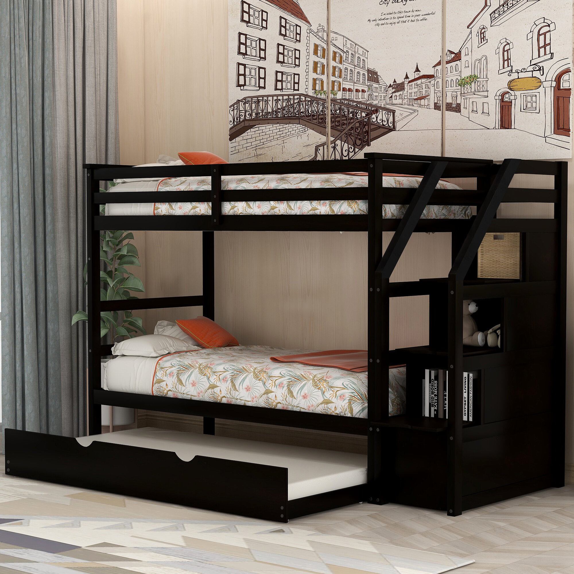 Zosi Twin-Over-Twin Bunk Bed with Trundle and Storage Stair