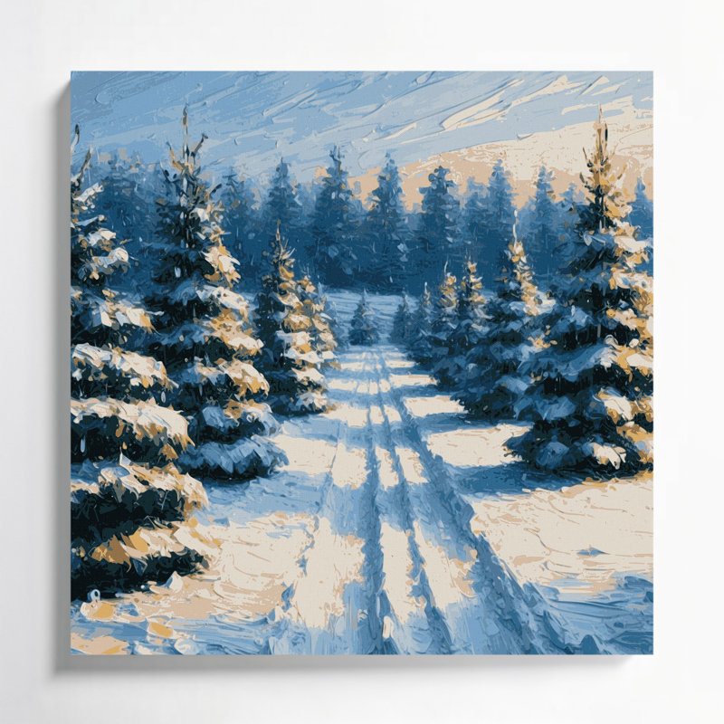 Christmas Snow covered Christmas tree farm Grey Canvas Wall Art, 8" H x 8" W