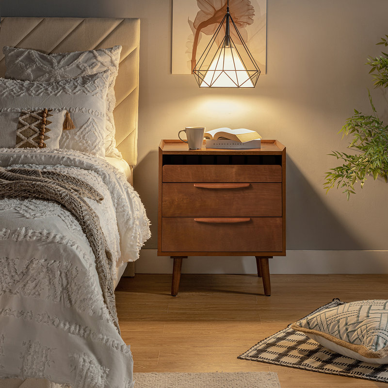 Florrie Mid-Century Modern 3 - Drawer Bedside Table with Charging Station, Acorn
